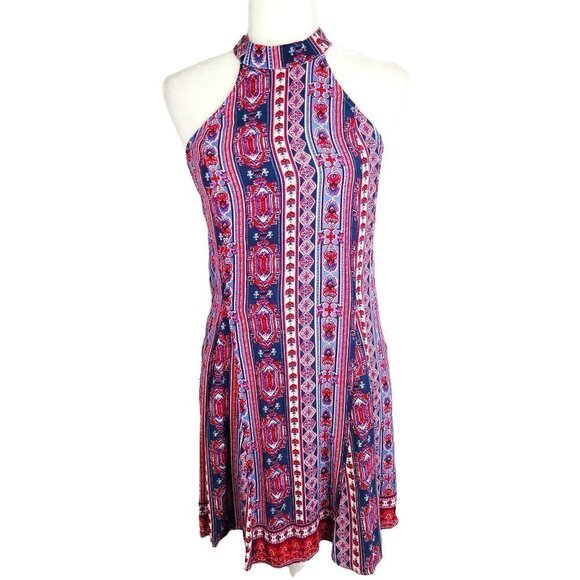 AQUA Red Blue Y2K Bandana Halter High Neck Open Back Mini Dress - Picture 1 of 6